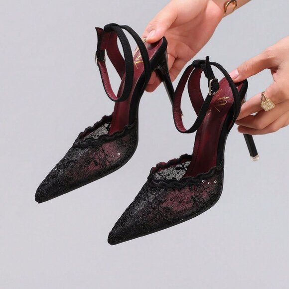Black Casual Women's Lace Embroidered Pointed Toe Thin Heel Sandals